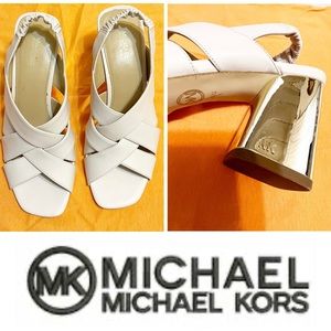 Micheal Kors Cream Sandals Heels with Gold Chunky Heels Triple Strap